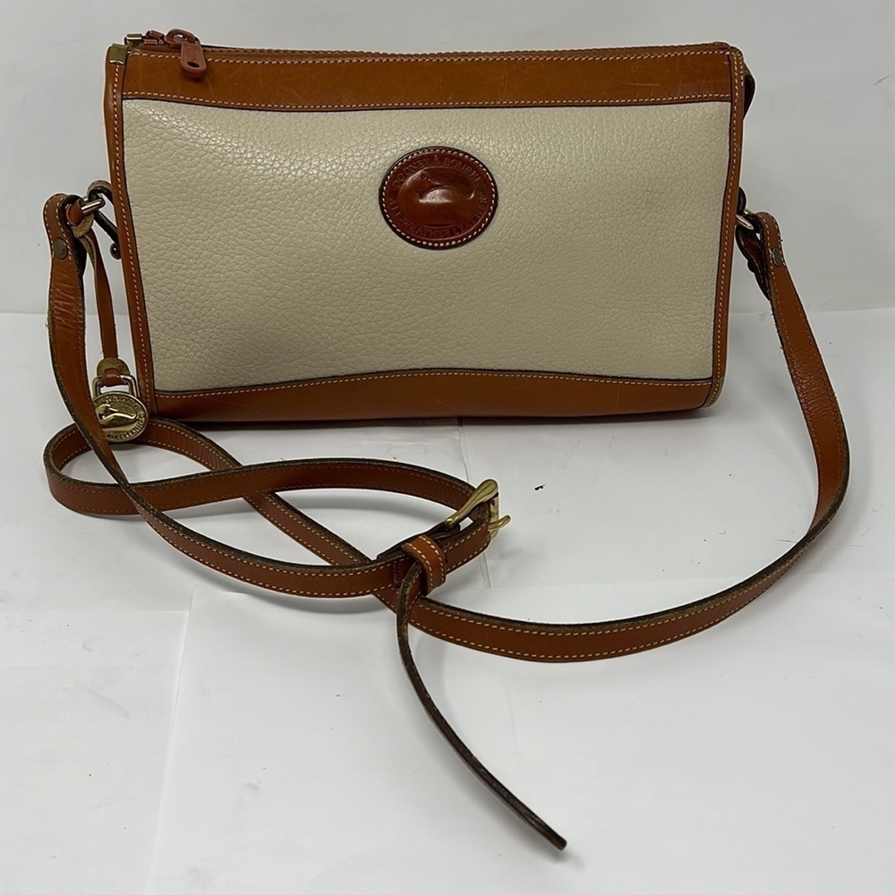 Dooney & Bourke Ivory Cream Pebble and Brown Leather Zip Crossbody Shoulder Bag